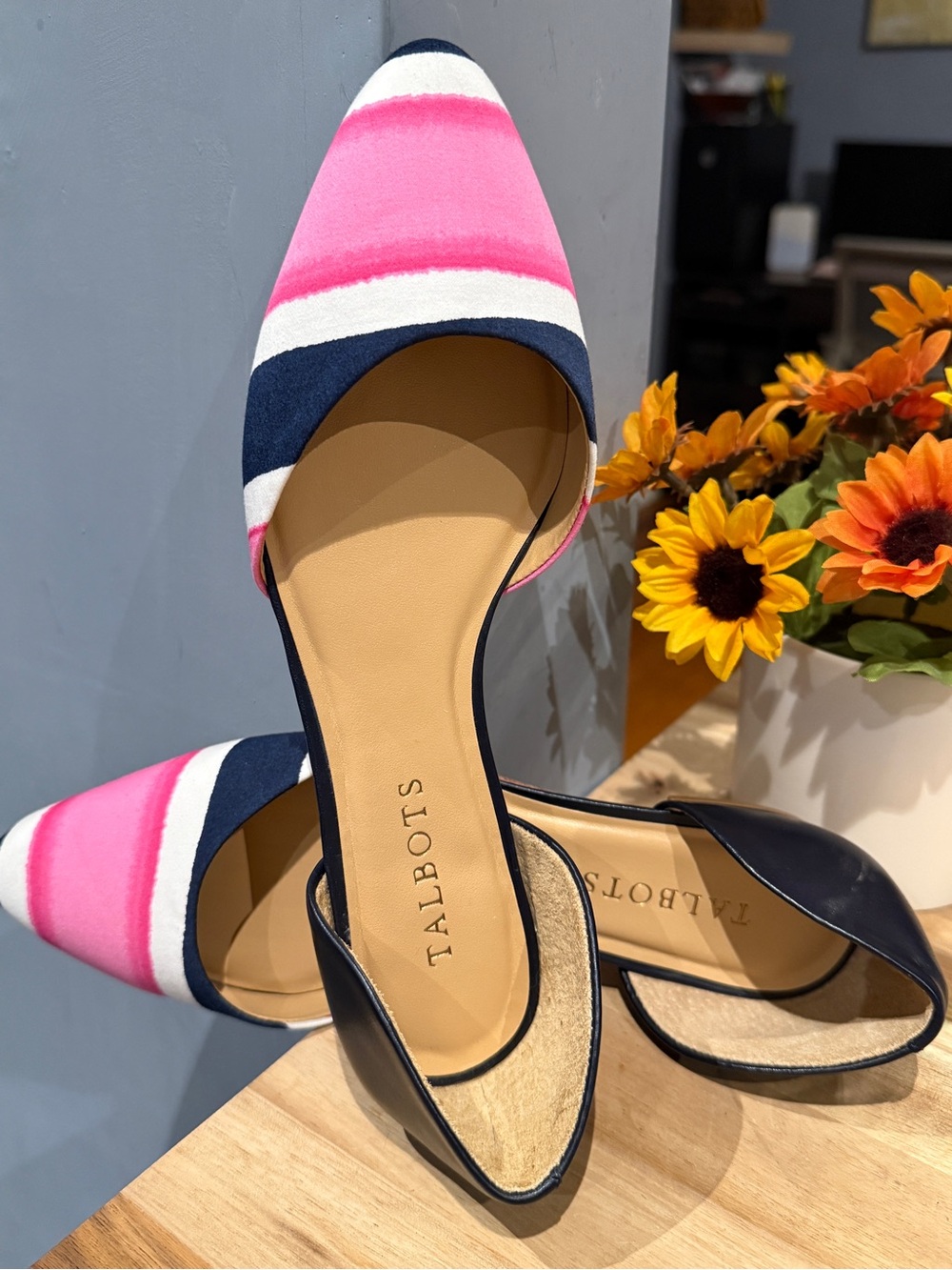 Talbots Pink, Navy & White Striped Pointed D'Orsay Flats